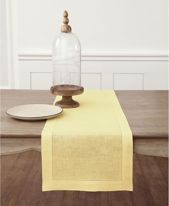 Solino Home Linen Table Runner 90 Inches Long - Classic Hemstitch 100% Pure Linen Yellow Dining Table Runner 14 x 90 Inch-Ruum Studio Home