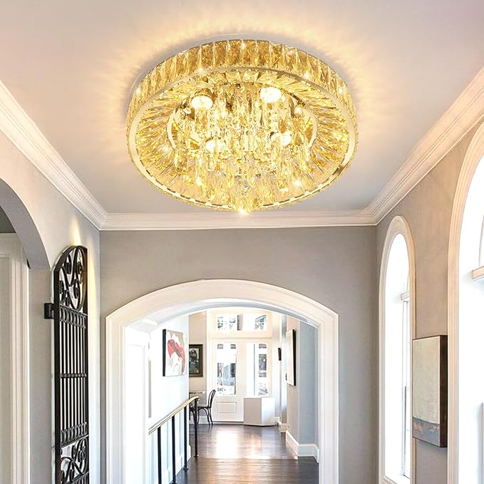 Modern Crystal Chandeliers for Dining Room LED Light Fixture Close to Ceiling Chandelier Flush Mount Ceiling Light Dimmable Lamp with Remote for Living Room Bedroom Hallway-Ruum Studio Home