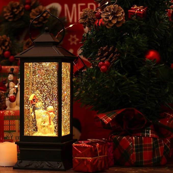 Eldnacele Christmas Snow Globe Lantern with Music, Battery Operated Lighted Swirling Glitter Water Lantern with Timer for Christmas Home Decoration, Snowman-Ruum Studio Home