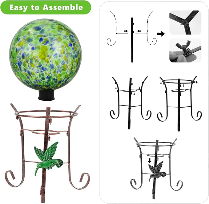 10 Inch Glass Gazing Ball, with 9.4" Tall Metal Gazing Globe Stand, Glass Balls Display Holder Set for Outdoor Garden Lawn Yard Decoration, Bright Summer Burst-Ruum Studio Home