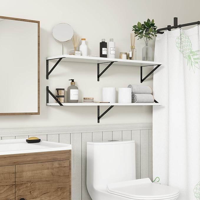 Fun Memories 40 Inch Floating Shelves, 10 Inch Deep Wall Shelf, 40 x 10 Floating Shelf Set of 2, White Wood Floating Shelf Wall Mounted, Large Kitchen Living Room Bedroom Storage Shelves-Ruum Studio Home