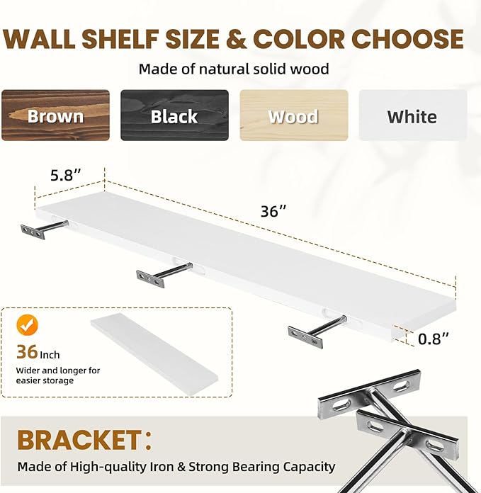 Floating Wall Shelves 2-Pack - 36-Inch Rustic White Wooden Shelves for Storage and Décor, Easy Installation for Living Room, Bedroom, and Kitchen-Ruum Studio Home