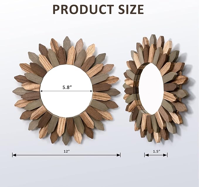 Honiway Boho Wall Decor 12 inch Decorative Mirror with Rustic Wood Sunburst Frame, Perfect for Bedroom, Living Room, Bathroom, Kitchen-Ruum Studio Home