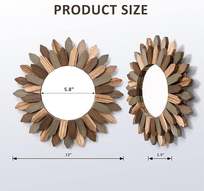 Honiway Boho Wall Decor Mirror 2 Pack 12 inch Rustic Wood Decorative Mirror for Room Decor Rustic Farmhouse Wall Decor for Bedroom Bathroom Living Room Entryway Tril Color-Ruum Studio Home