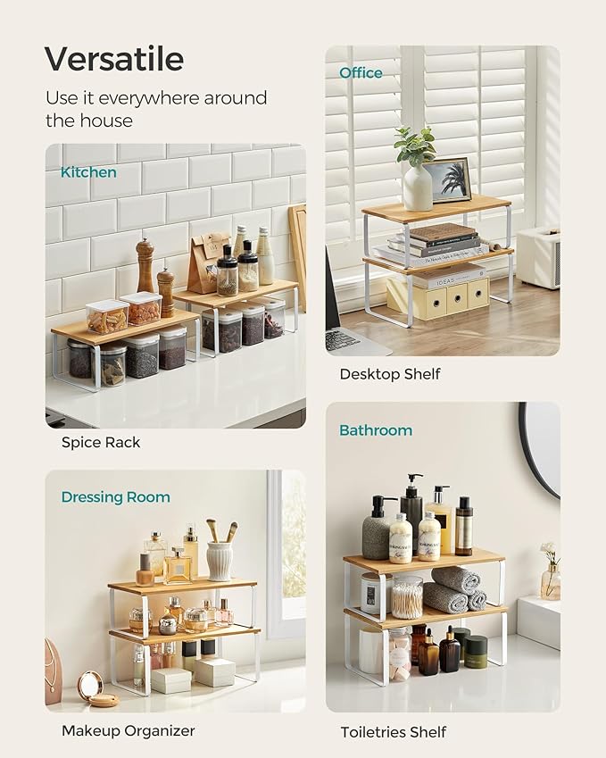 SONGMICS Cabinet Organizer Shelf, Set of 2 Kitchen Counter Shelves, Kitchen Storage, Spice Rack, Stackable, Expandable, Metal and Engineered Wood, Cloud White and Natural Beige UKCS200W01-Ruum Studio Home