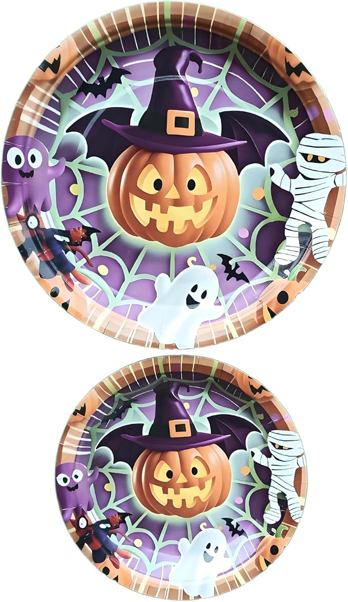 Halloween Paper Plates,Cups,Forks(96Pcs)-Disposable Party Plates Heavy Duty,Party Supplies Tableware Set|Paper Plates 9 inch & 7 inch,Spooky Decor(Flying Pumpkin,Ghost,Zombie,Bat) for Kids Halloween-Ruum Studio Home