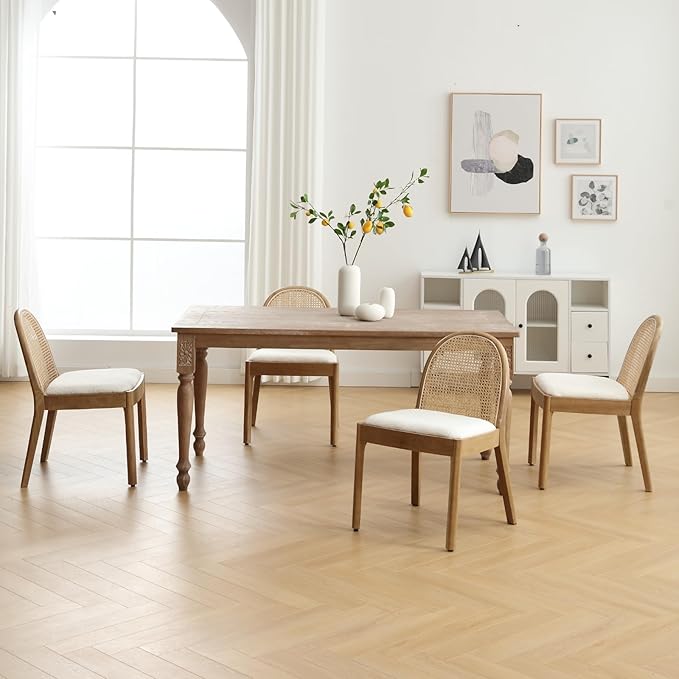 Mid Century Dining Chairs Set of 4, Accent Rattan Side Chairs Sherpa Fabric Kitchen Chair with Solid Wooden Legs for Living Room Dining Room, White-Ruum Studio Home