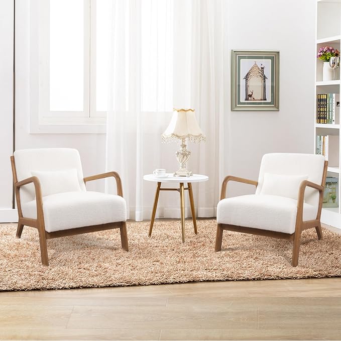 INZOY Mid Century Modern Accent Chair with Lamb Wool Fabric, Upholstered Living Room Chairs with Waist Cushion, Reading Armchair for Bedroom Sunroom, White-Ruum Studio Home