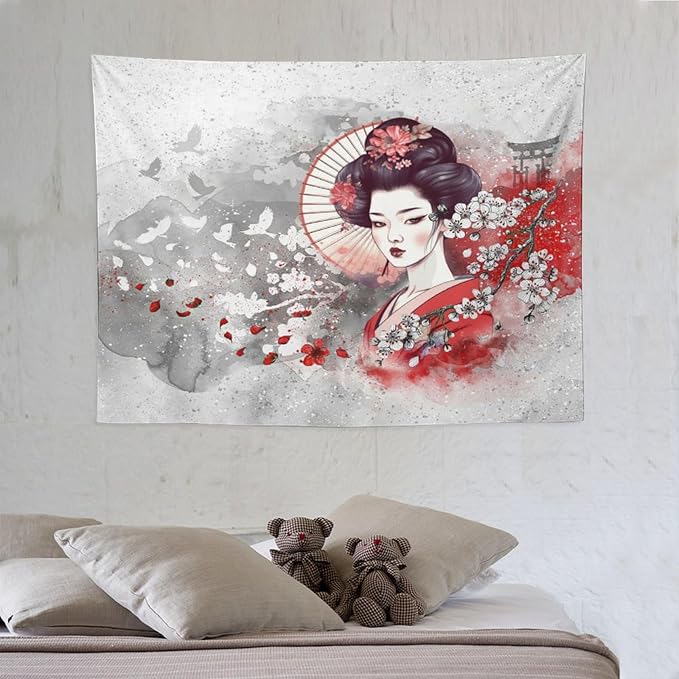 Japanese Geisha Tapestry Asian Red Cherry Blossom Traditional Kimono Folk Tapestries Home Decor for Living Room Bedroom Apartment Farmhouse Dorm 40"x30"-Ruum Studio Home