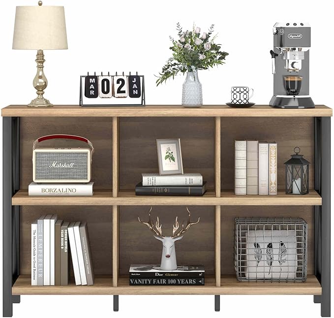 FATORRI 6 Cube Storage Organizer with Shelf, Long Wood and Metal Cubby Bookcase, Industrial Horizontal Bookshelf (Rustic Oak, 47 Inch)-Ruum Studio Home