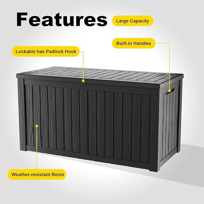 DRATO 150 Gallon Outdoor Storage Box, Large Waterproof Deck Box, Lockable Resin Storage Container with Reinforced Support for Patio Cushions, Garden Tools, UV-Resistant Outdoor Chest（Black）-Ruum Studio Home