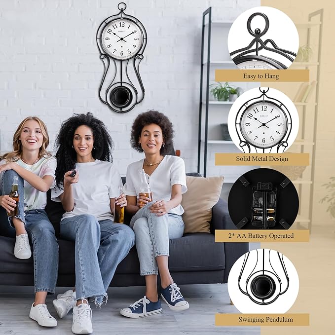 CLXEAST 20 Inch Black Metal Pendulum Wall Clock, Large Schoolhouse Regulator Wall Clocks for Living Room Decor,House Warming Gifts New Home,Gifts for Women-Ruum Studio Home