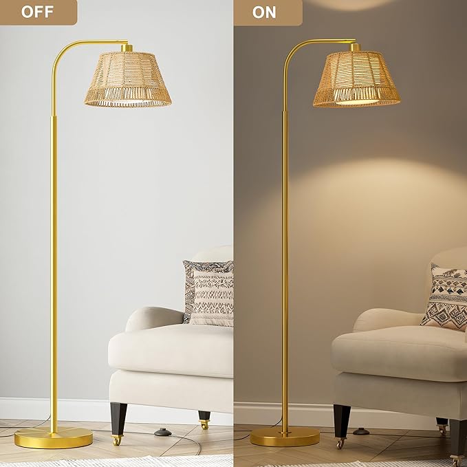 Oneach Arc Floor Lamp for Living Room with 3 Color Temperatures, Farmhouse Floor Lamps with Remote & Dimmable Bulb, Rattan Boho Floor Lamp with Hand-Woven Wicker & Fabric Shade-Ruum Studio Home