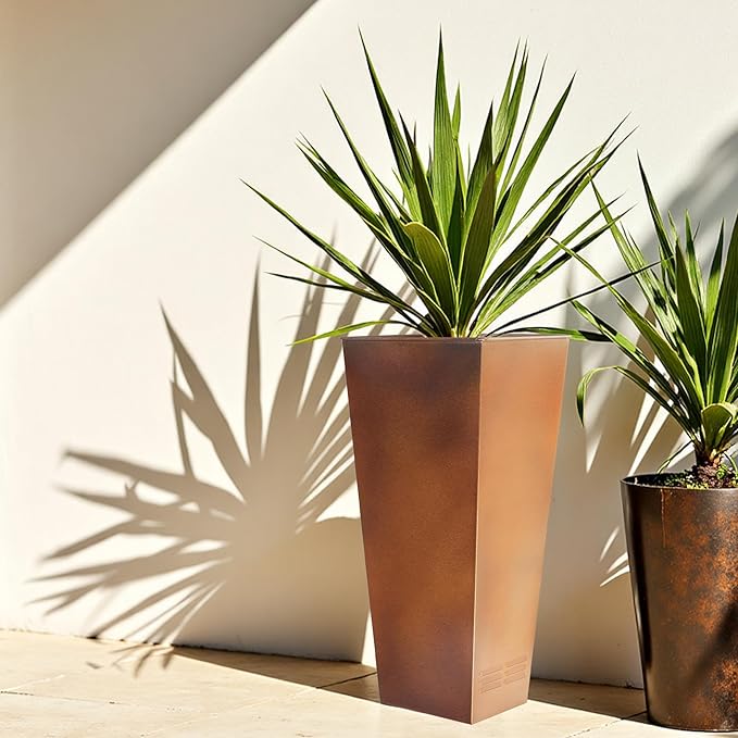 Worth Garden 28" H. Large Metal Planter Set of 2, Classic Matte Bronze Retro Finish Tall Square Tapered Steel Flower Plant Pots for Indoor & Outdoor Use - Insert Plate with Drain Holes, Air Vents-Ruum Studio Home