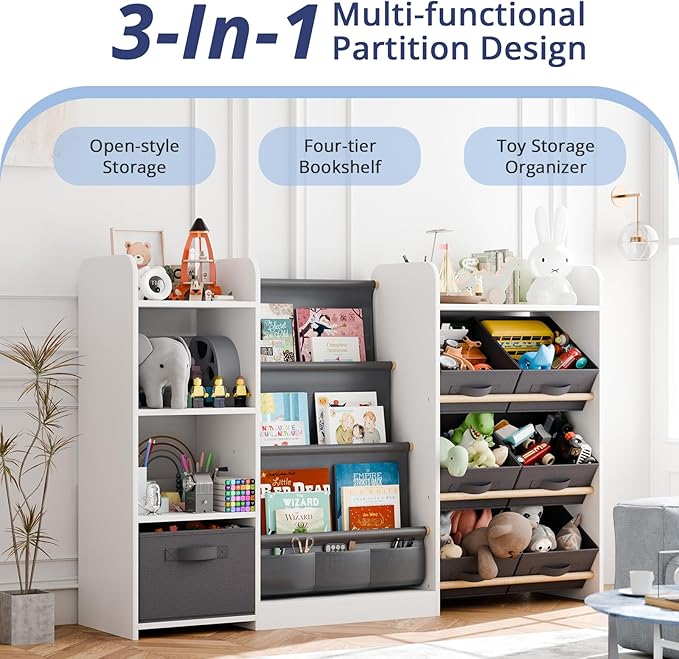 Kids Toy Book Storage Organizer - Large Bookshelf with 7 Removable Bins, Baby Bookshelf and Toy Storage, 4-Tier Book Shelf for Kids Room, Playroom, Classroom, 51 inch, White-Ruum Studio Home