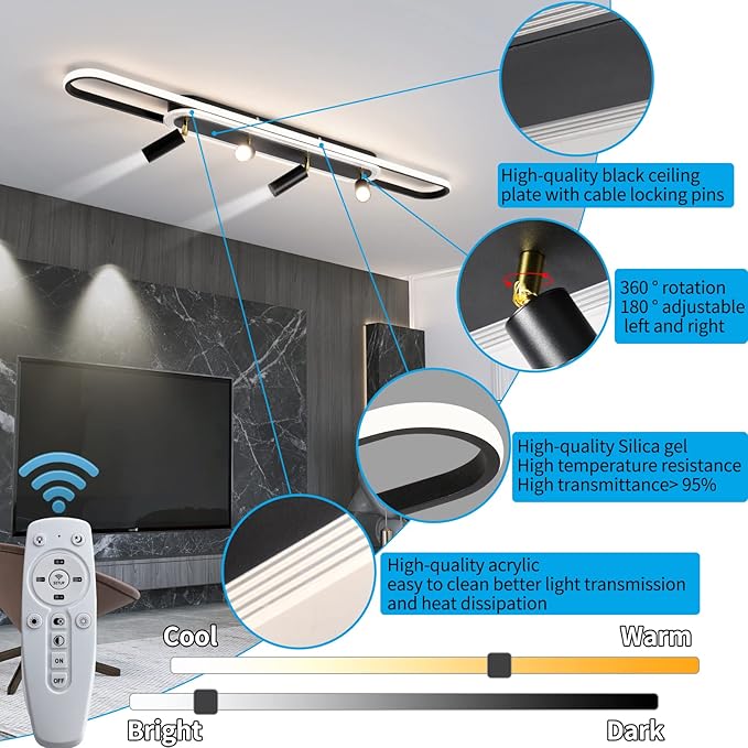 Modern LED Ceiling Light 6-Light track light Spotlight Frosted Black Geometric Ceiling Light Lighting Fixture Dimmable Remote Control Living Bedroom Kitchen Dining Room Fixture-Ruum Studio Home