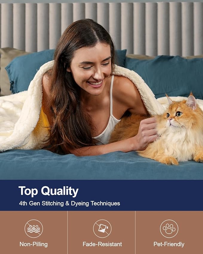 Pawque Super Soft Cozy Throw Blanket Queen Size for Couch Bed, Fluffy Sherpa Fleece Reversible Thick Warm Fuzzy Blanket for All-Season, 3D Checkered Jacquard Decorative Blankets, Cream White, 90"x90"-Ruum Studio Home