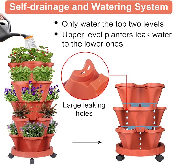 Vertical Planter 5 Tier Stackable Planters Garden Planters Strawberry Herb Flower and Vegetable Planter Indoor Outdoor Gardening Pots with Removable Wheels and Tools 2-Pack-Ruum Studio Home
