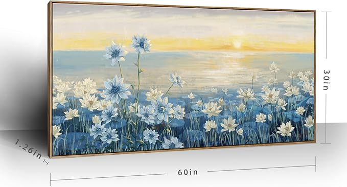 Large Wall Art for Living Room Modern Framed Coastal Beachy Canvas Wall Art Big Floral Sunrise Blue Wall Picture Oversized Lake Nature Sunset Artwork for Office Bedroom Decor-Ruum Studio Home