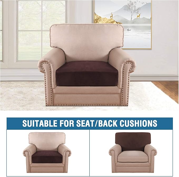 H.VERSAILTEX Velvet Stretch Couch Cushion Cover Plush Cushion Slipcover for Chair Cushion Furniture Protector Seat Cushion Sofa Cover (1 Piece Armchair Cushion Covers, Brown)-Ruum Studio Home