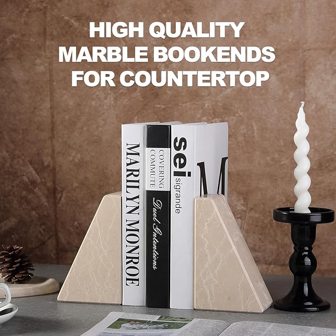 Marble Bookends for Heavy Books, Decorative Book Ends for Shelves, Durable and Heavy-Duty Stone Bookends for Hardback Book & CDS, Unique Book Stopper & Holder, New Jura Beige-Vein, Set of 2-Ruum Studio Home