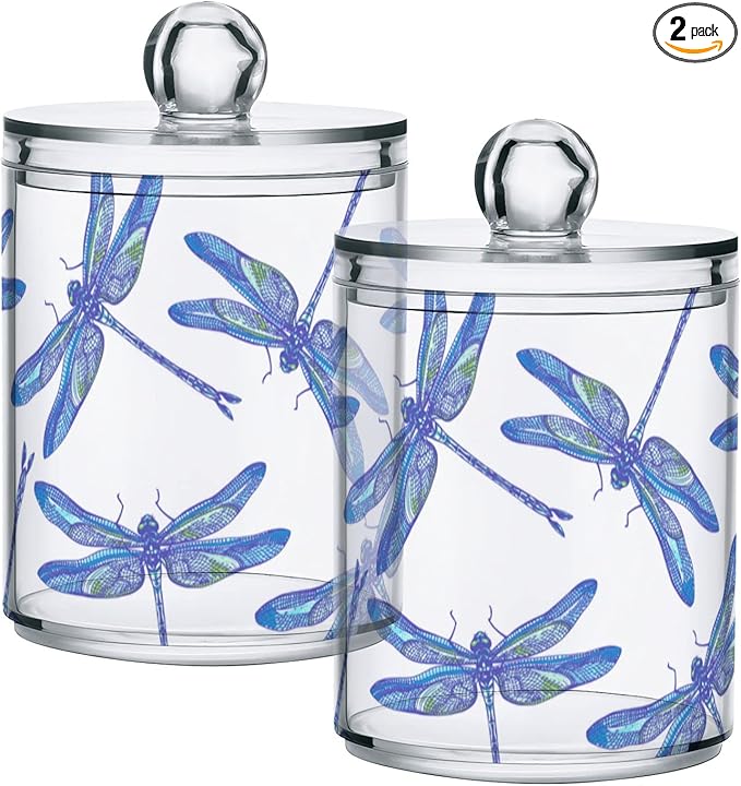 2 Pack Qtip Holder Organizer Dispenser Dragonflies Bathroom Storage Canister Cotton Ball Holder Container for Cotton Swabs/Pads/Floss-Ruum Studio Home