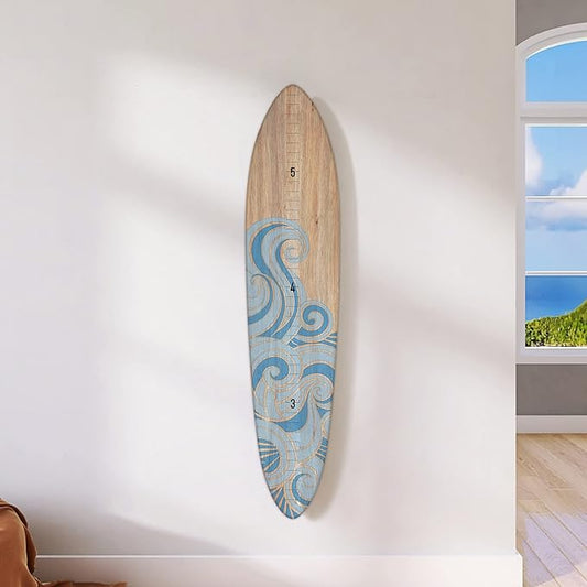 Wooden Surfboard Wall Decor Growth Chart - Surf Board Wall Decor for Kids Room, Wooden Growth Chart for Wall, Surfboard Wall Art, Surfboards for Decoration - Blue Wave (9.5"x 45")-Ruum Studio Home