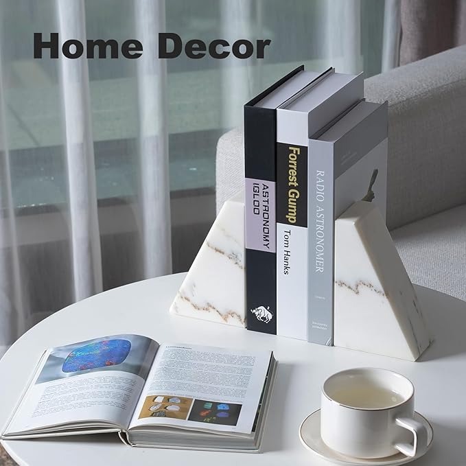 Marble Book Ends White, Heavy Duty Book Ends for Shelves, Decorative Natural Book Stopper，Unique Decorative Bookend for Home Shelves Calacatta Natural Marble Bookend, Set of 2-Ruum Studio Home