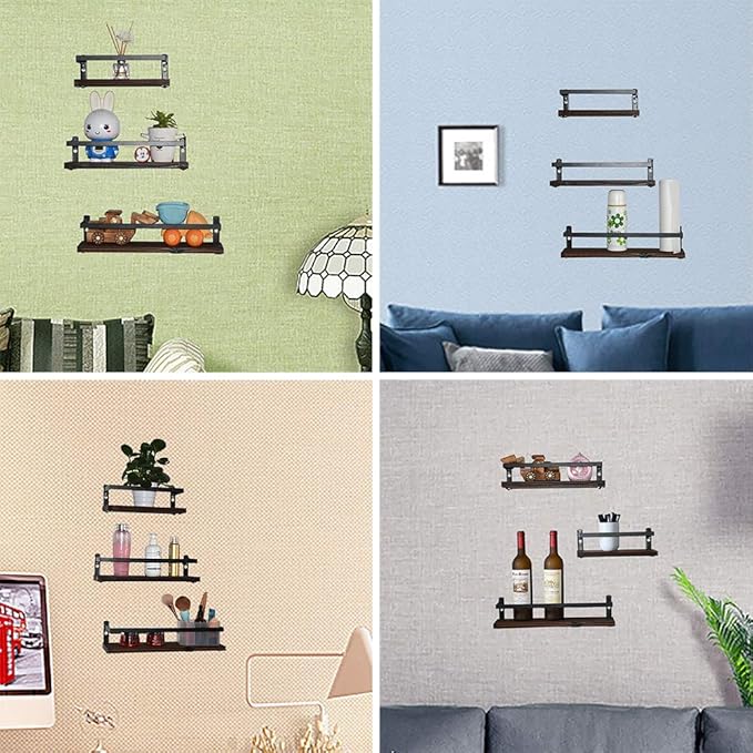 Floating Shelves Rustic Wood Wall Mounted Shelf Practical Metal Fence Design Ideal for Bedroom, Bathroom, Kitchen Set of 3(Brown)-Ruum Studio Home