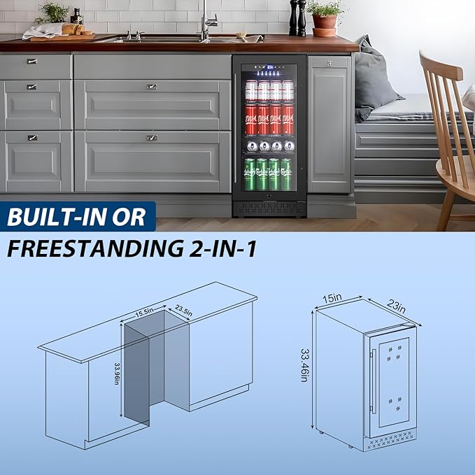Tylza 15 Inch Beverage Refrigerator, Under Counter/Freestanding Drink Fridge, 130 Cans Beverage Cooler with Glass Door, Reversible Door, Low Noise, Quick Cooling - for Beer, Soda, ETC, Black-Ruum Studio Home