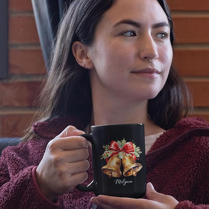 Christmas Jingle Bells Design Ceramic Mug, Custom Christmas Themed Cup With Name, Gift For Sibling, Personalized Coffee Mug With Jingle Bells Design, Customized Xmas Black Cup 11oz 15oz-Ruum Studio Home
