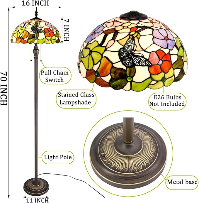 Tiffany Floor Lamp Stained Glass Lamp Standing Reading Light 16x16x70 Inch for Living Room (Butterfly Flowers)-Ruum Studio Home