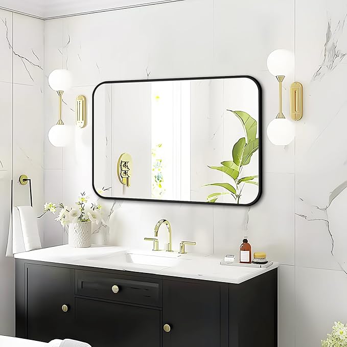 Fabuday Black Wall Mirror for Bathroom Over Sink - 20x30 Matte Metal Framed Rectangle Mirror, Rounded Rectangular Vanity Mirrors for Living Room, Bedroom, Entryway, Hallway, Horizontally/Vertically-Ruum Studio Home