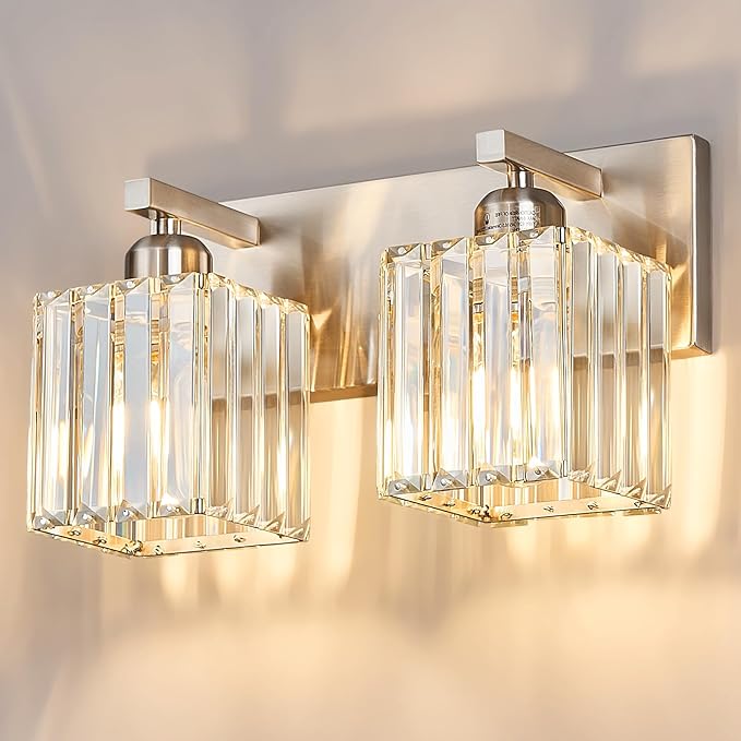 Modern Vanity Light 2-Lights Brushed Nickel Vanity Light Crystal Bathroom Wall Light Bathroom Light Fixtures-Ruum Studio Home
