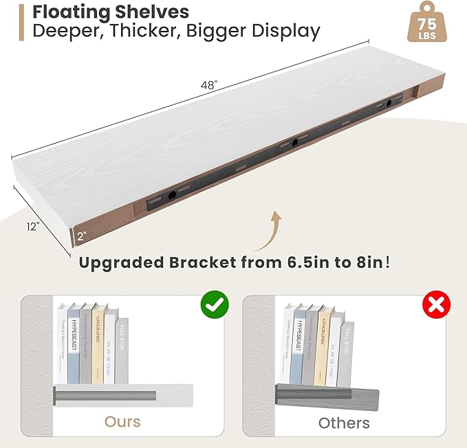 Heimlove 12 Inch Deep Floating Shelves, 48 x 12 inches Long Wall Shelf, Large Display Shelf & Storage Shelf, Rustic Wood Wall Shelves for Fireplace Mantel, Set of 2(White)-Ruum Studio Home