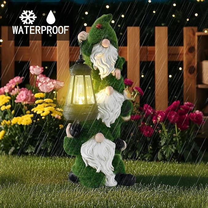 Solar Garden Three Gnome Statue Stacked Flocked with LED Light, Outdoor Waterproof Lawn Ornament Decor for Patio Lawn Yard Pathway Gift Idea for Women Mom Mothers Day-Ruum Studio Home