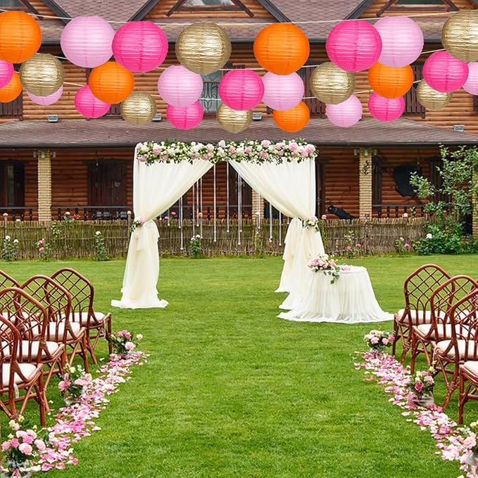 Paper Lanterns Pink Orange Gold Round Hanging Chinese Lanterns for Birthday Party Baby Shower Bridal Shower Decorations Pack of 12-Ruum Studio Home
