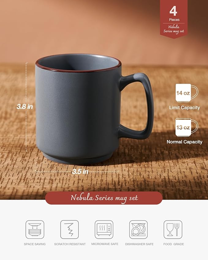 famiware Coffee Mugs Set of 4, Nebula 14oz Coffee Mugs, Ceramic Cup Set with Handle for Latte, Tea, Milk, Cappuccino, Cocoa, Charcoal-Ruum Studio Home