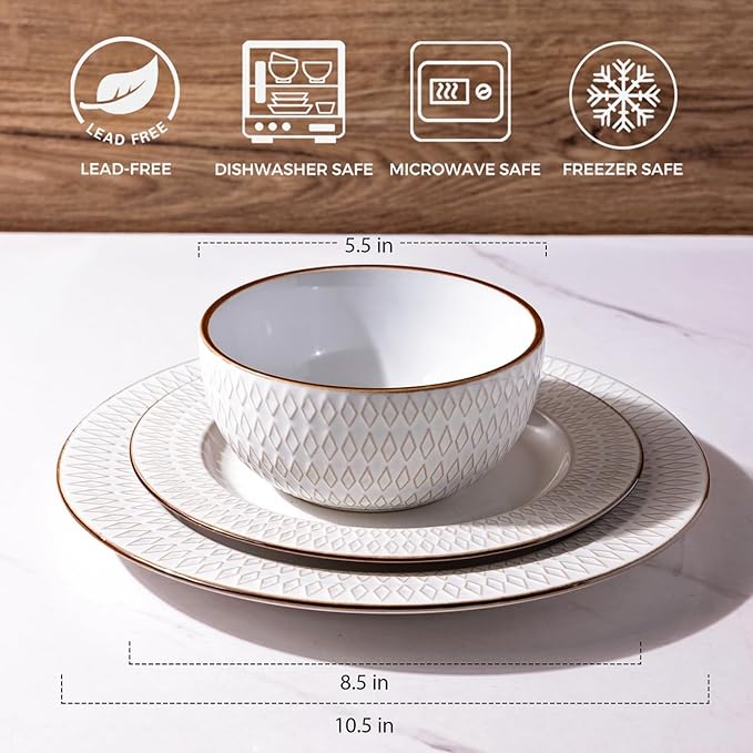 GBHOME Ceramic Dinnerware Sets, 24 pcs Embossed Elegant Stoneware Plates and Bowls Sets, Housewarming Wedding Gift | Dishwasher & Microwave Safe | Dishes Set Service for 8-Ruum Studio Home