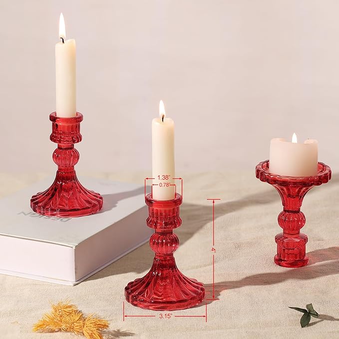 12PCS Red Candlestick Holders Set- 4" H Taper Candle Holders, Glass Candle Holders Bulk for Activities, Party, Home Table Centerpieces, Festival Gifts & Windowsill Decor-Ruum Studio Home