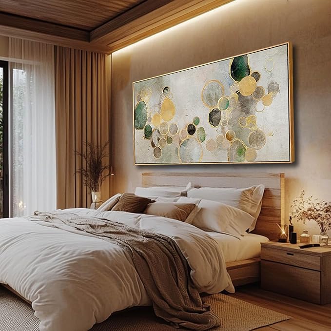 Abstract Canvas Wall Art Gold Circle Painting Green Artwork Framed Wall Prints 29"x 58" Office Wall Decor Colorful Pictures for Living Room Bedroom-Ruum Studio Home
