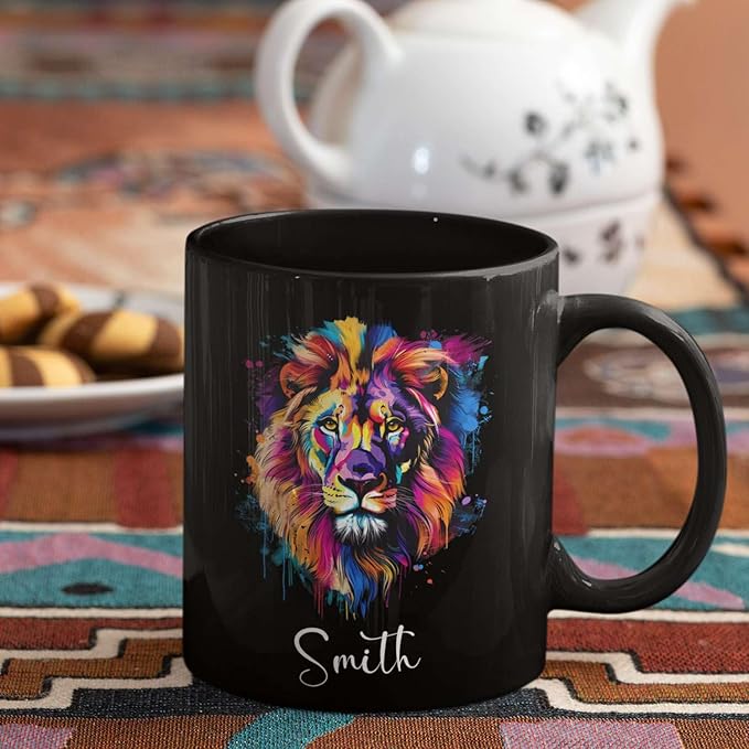 Personalized Lion Black Mug, Gift For Son Grandson, Custom Lion Coffee Cup With Name, Customized Colorful Animal Design Mug, Unique Animal Lover Cup 11oz 15oz-Ruum Studio Home