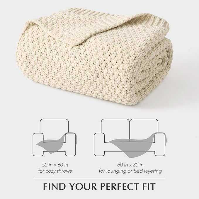 Chunky Chenille Knit Throw Blanket for Couch, Soft Luxurious Moss Stitch Blankets for Bed, Cozy Decorative Farmhouse Knitted Throws for Sofa, Beige, 60" x 80"-Ruum Studio Home
