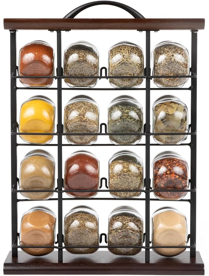 Orii 16 Jar Acacia Wood & Metal Wire Spice Rack with Spices Included, Storage for Spices and Seasoning, Black & Brown-Ruum Studio Home