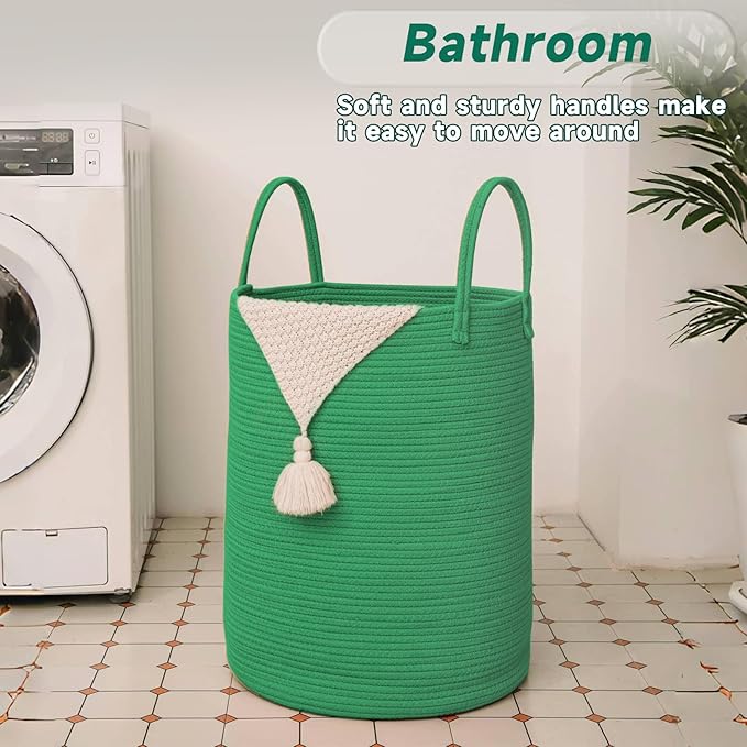 Large Woven Laundry Basket Hamper,80L Cotton Rope Storage Bin for Blankets,Toys and Clothes,Decorative Tall Nursery Hamper for Living Room,Baby Nursery,Bathroom and Bedroom,Dark Green-Ruum Studio Home