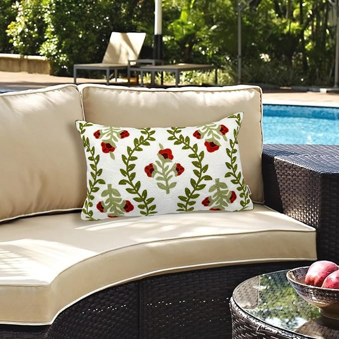 Alysheer Floral Embroidered Summer Lumbar Decorative Throw Pillow Cover 12"x 20", Farmhouse Cottage Red Flowers Green Leaves Patterned Cotton Canvas Cushion Case for Sofa Couch Bed Living Room Decor-Ruum Studio Home