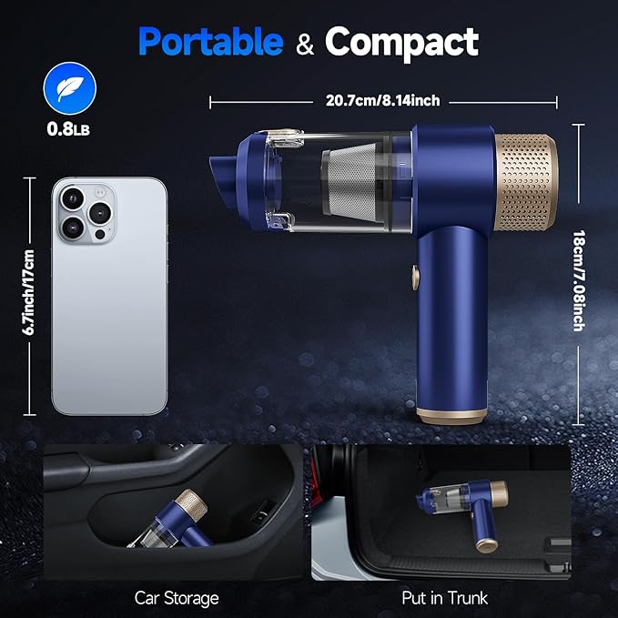 Car Vacuum Cleaner, 16000PA Mini Car Vacuum Cordless Powerful, 7 in 1 Portable Handheld Vacuum Cordless with LED Light, Dual Filters, One-Touch Empty for Pet Hair, Home, Office-Ruum Studio Home
