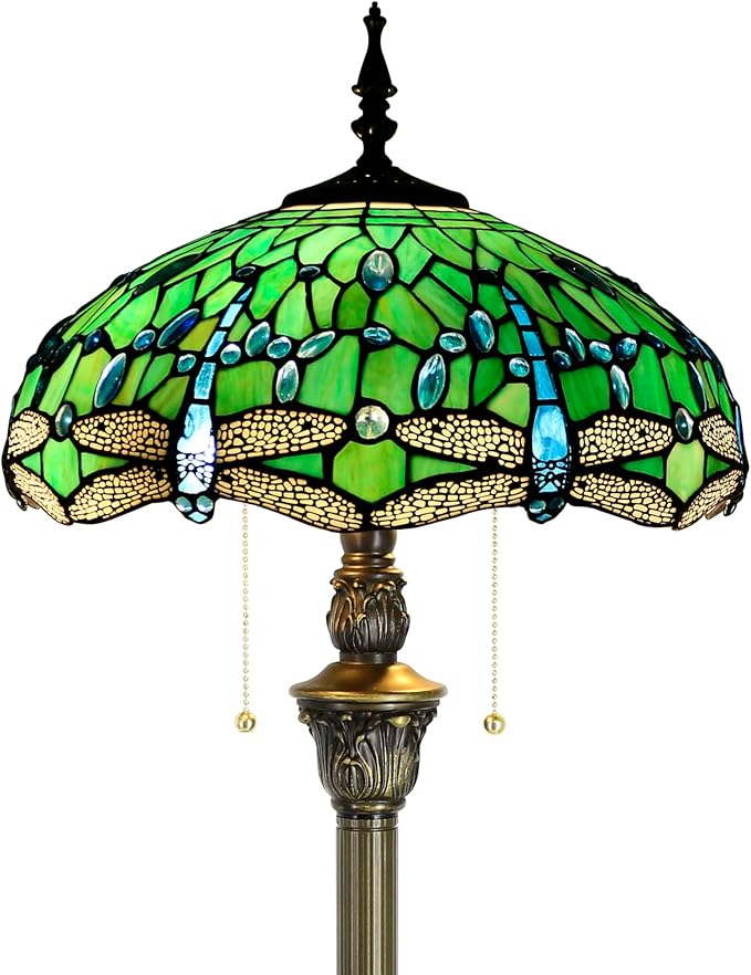 Tiffany Floor Lamp Stained Glass Lamp Standing Reading Light 16x16x70 Inch for Living Room (Green Dragonfly)-Ruum Studio Home