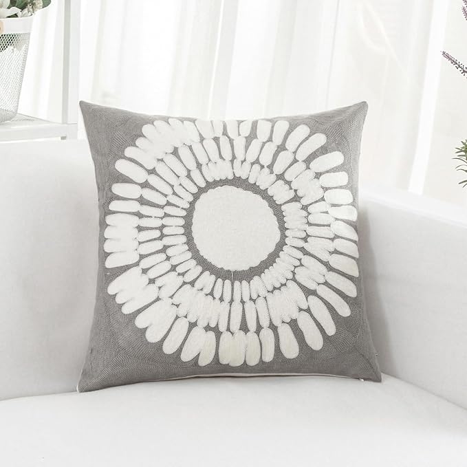 HWY 50 Grey Gray Decorative Throw Pillow Covers 18x18 Inch (1 Piece), Modern Embroidered Cotton Farmhouse Cushion Cover Pillow Case for Couch Living Room Bed Sofa, Sunflower-Ruum Studio Home