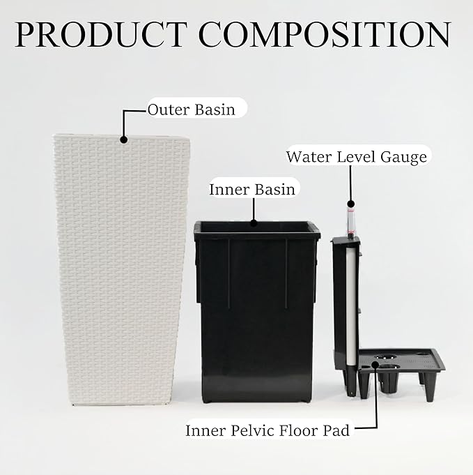 2Pcs 23in High Large Plant Pots Planter-Self-Watering,Modern Planter with Drain Holes,Water Level Monitor,Inner Bucket for Indoor/Outdoor Front Porch Patio,White Rattan-Ruum Studio Home
